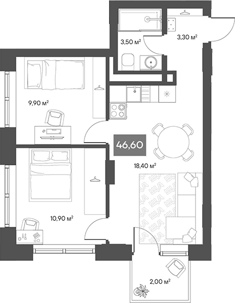 Планировка 2-к.кв 46.00 м² в ЖК «ЩА»