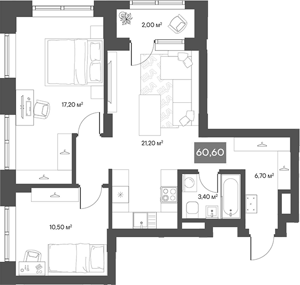 Планировка 2-к.кв 59.60 м² в ЖК «ЩА»