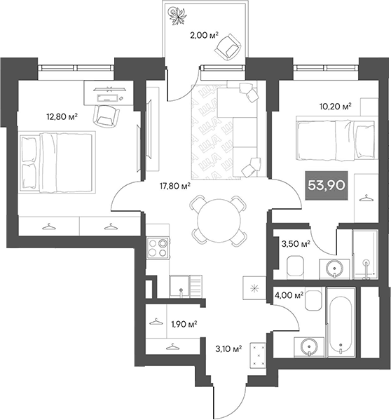 Планировка 2-к.кв 53.30 м² в ЖК «ЩА»