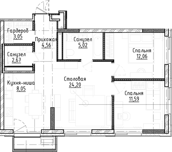 Планировка 3е-к.кв 71.24 м² в ЖК «Город на озере»