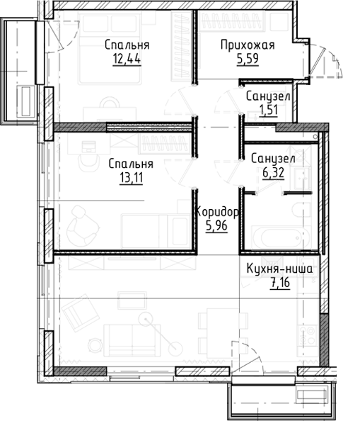 Планировка 3е-к.кв 68.65 м² в ЖК «Город на озере»