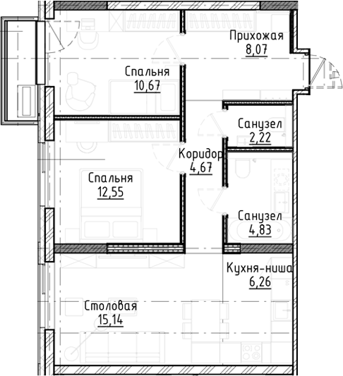 Планировка 3е-к.кв 64.44 м² в ЖК «Город на озере»