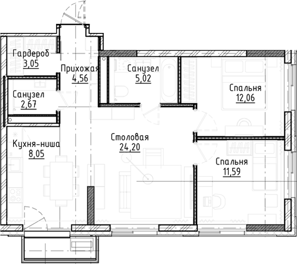 Планировка 3е-к.кв 71.20 м² в ЖК «Город на озере»