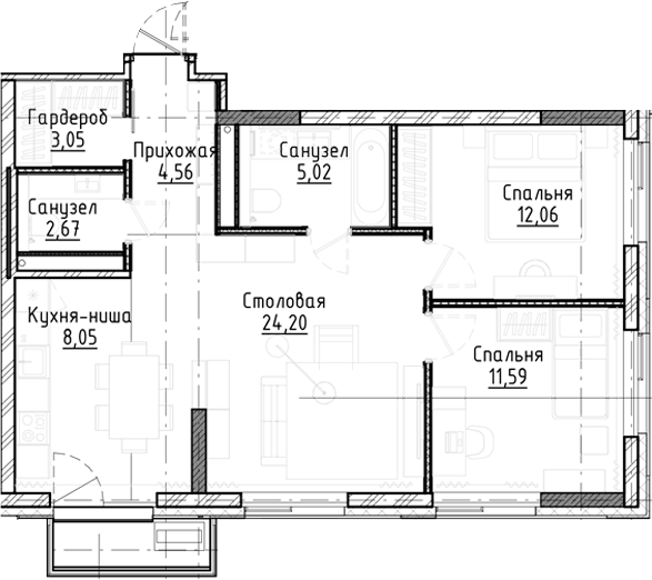 Планировка 3е-к.кв 71.24 м² в ЖК «Город на озере»