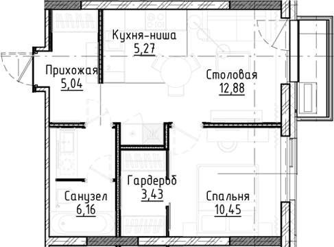 Планировка 2е-к.кв 43.23 м² в ЖК «Город на озере»