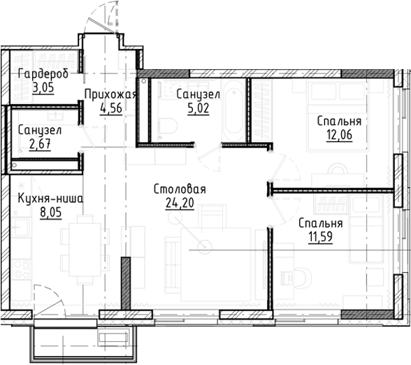 Планировка 3е-к.кв 71.24 м² в ЖК «Город на озере»