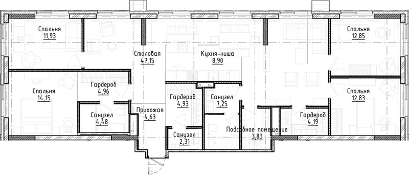 Планировка 5е-к.кв 144.40 м² в ЖК «Город на озере»