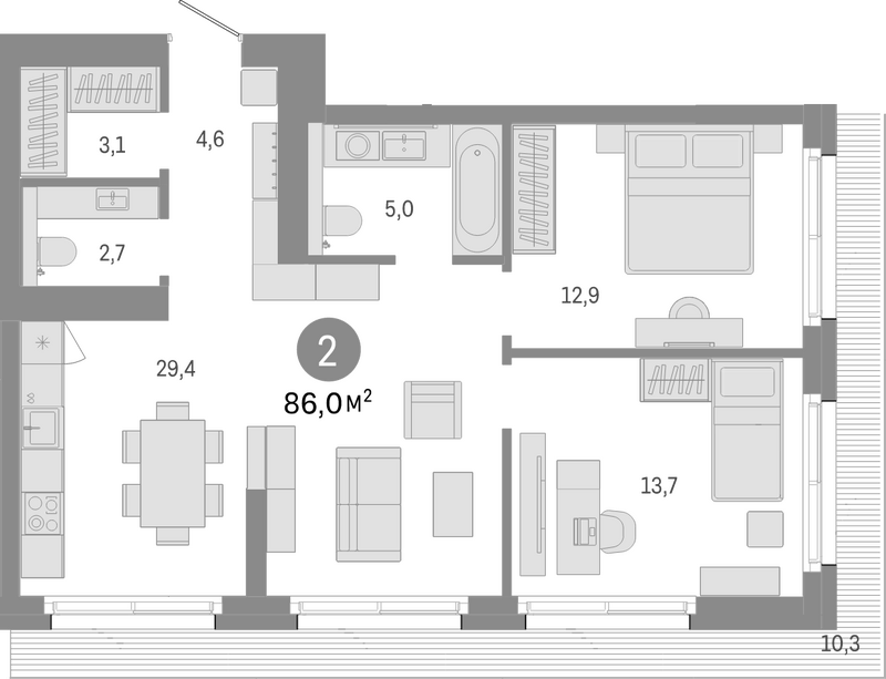 Планировка 3е-к.кв 75.70 м² в ЖК «Город на озере»