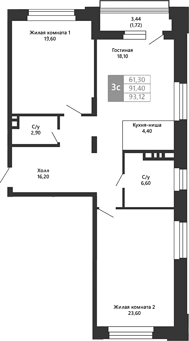 Планировка 3е-к.кв 91.40 м² в ЖК «Легендарный-Северный»