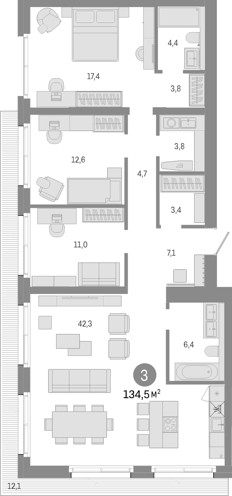 Планировка 4е-к.кв 122.40 м² в ЖК «Город на озере»
