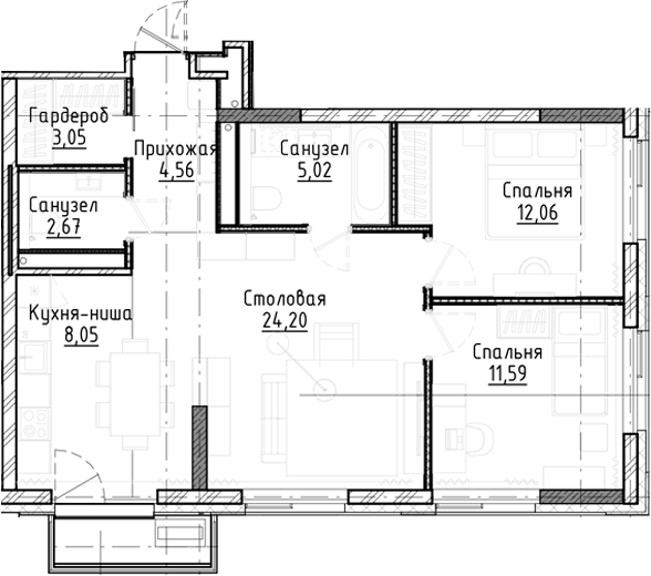 Планировка 3е-к.кв 71.24 м² в ЖК «Город на озере»
