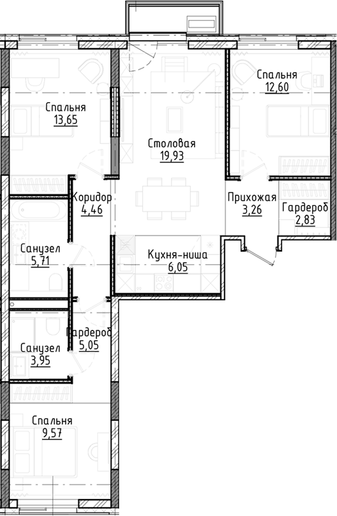 Планировка 4е-к.кв 87.07 м² в ЖК «Город на озере»