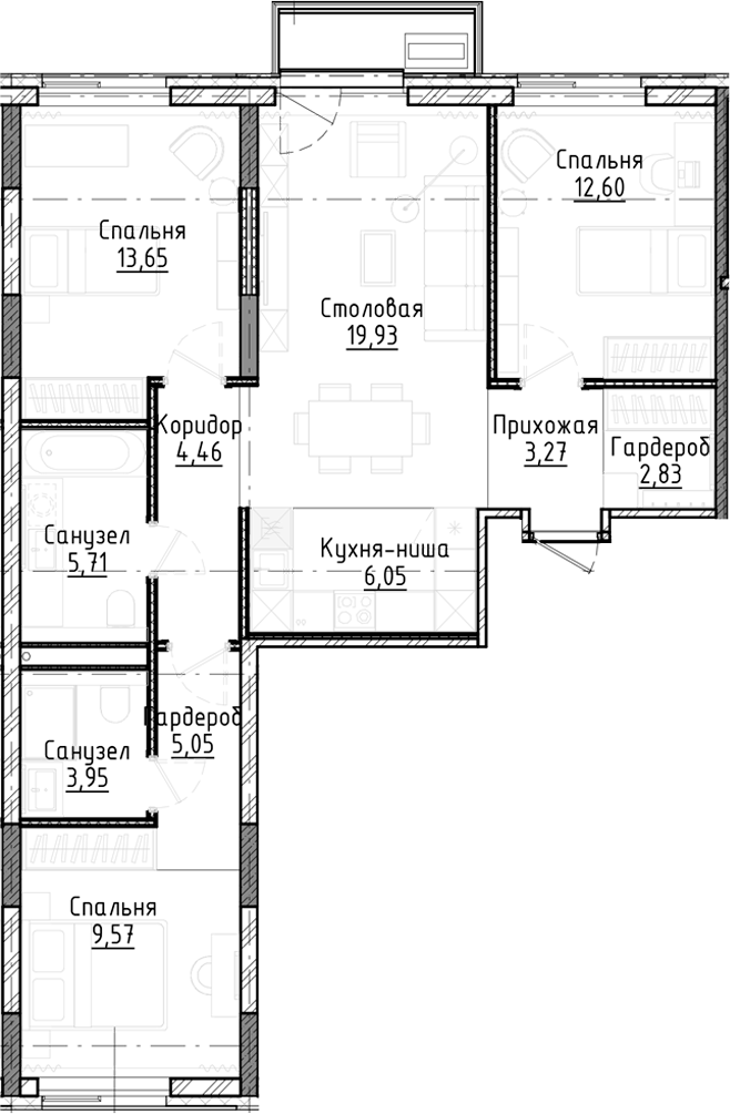 Планировка 4е-к.кв 87.07 м² в ЖК «Город на озере»