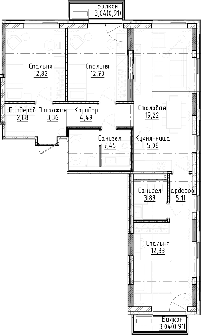 Планировка 4е-к.кв 89.34 м² в ЖК «Город на озере»