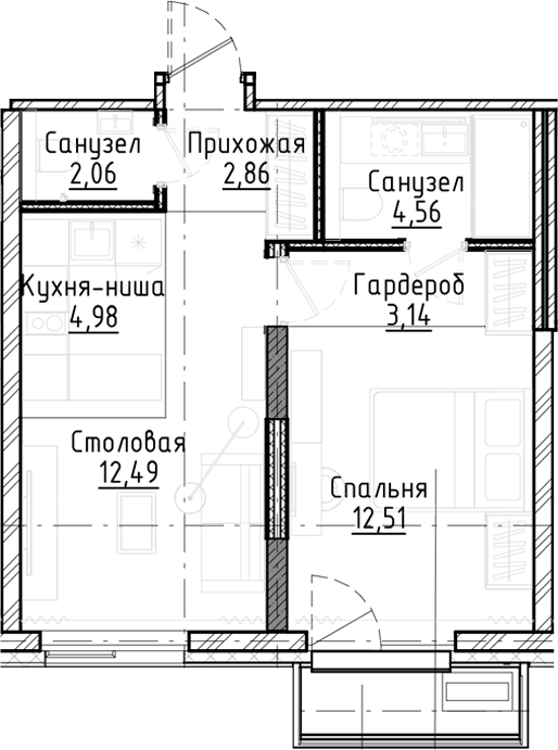Планировка 2е-к.кв 42.60 м² в ЖК «Город на озере»