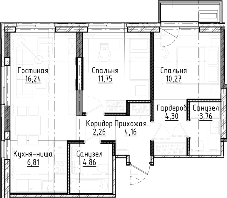 Планировка 3е-к.кв 64.41 м² в ЖК «Город на озере»