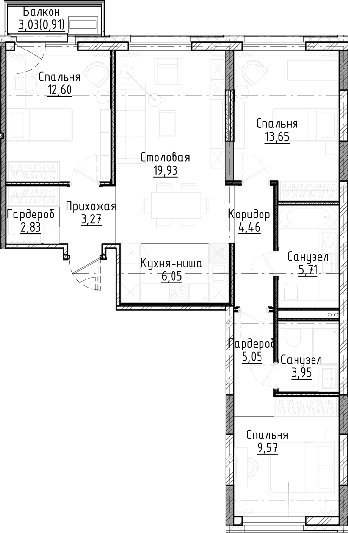 Планировка 4е-к.кв 87.07 м² в ЖК «Город на озере»
