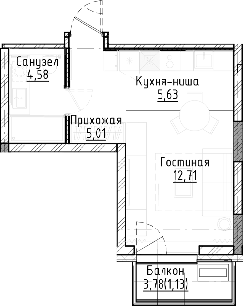 Планировка студии 27.93 м² в ЖК «Город на озере»