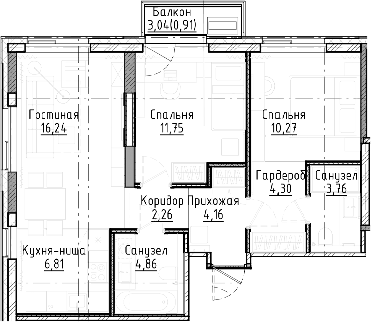 Планировка 3е-к.кв 64.41 м² в ЖК «Город на озере»