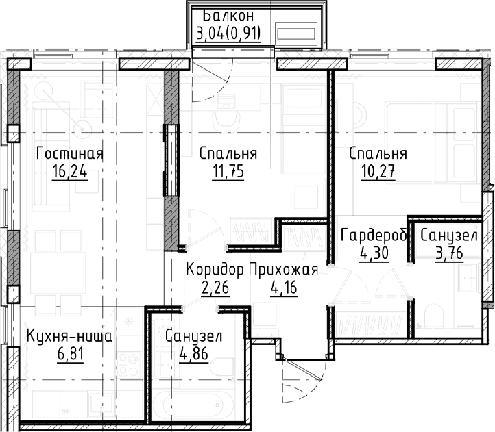 Планировка 3е-к.кв 64.41 м² в ЖК «Город на озере»