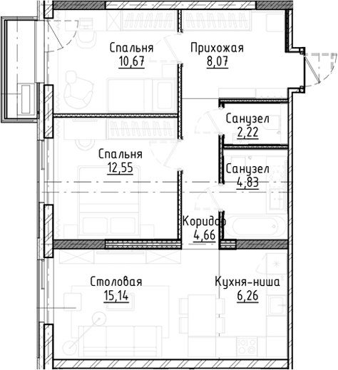 Планировка 3е-к.кв 64.40 м² в ЖК «Город на озере»