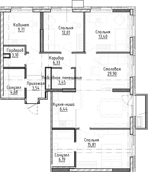 Планировка 5е-к.кв 114.56 м² в ЖК «Город на озере»