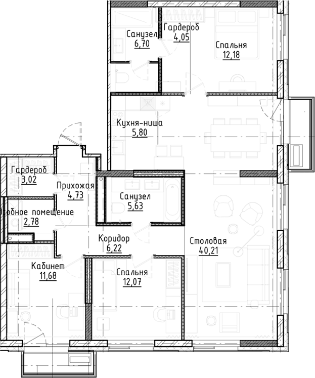 Планировка 4е-к.кв 115.07 м² в ЖК «Город на озере»