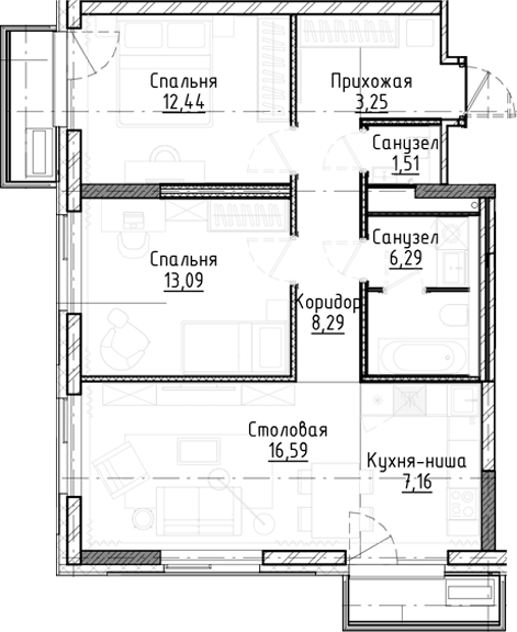 Планировка 3е-к.кв 68.62 м² в ЖК «Город на озере»