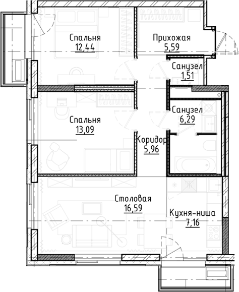 Планировка 3е-к.кв 68.63 м² в ЖК «Город на озере»