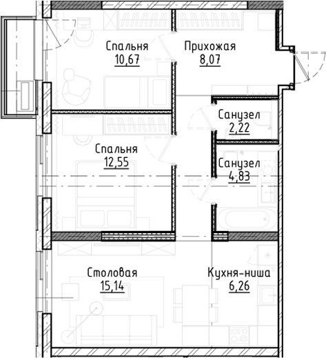 Планировка 3е-к.кв 64.40 м² в ЖК «Город на озере»