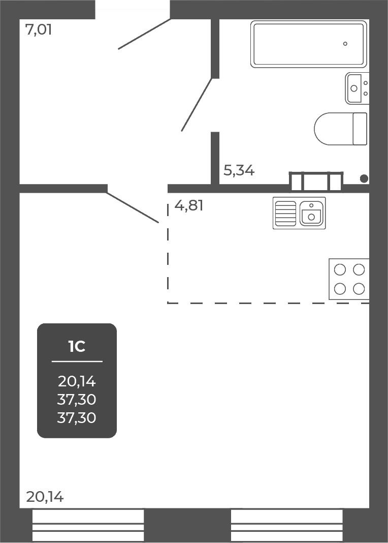Планировка студии 37.30 м² в ЖК «НОВА АПАРТ»