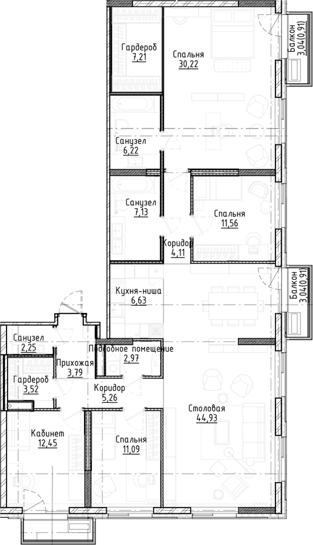 Планировка 5е-к.кв 159.34 м² в ЖК «Город на озере»
