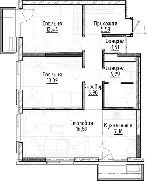 Планировка 3е-к.кв 68.63 м² в ЖК «Город на озере»