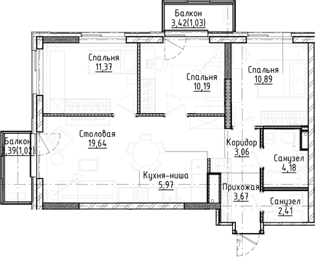 Планировка 4е-к.кв 71.38 м² в ЖК «Город на озере»