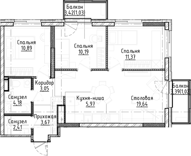Планировка 4е-к.кв 71.37 м² в ЖК «Город на озере»