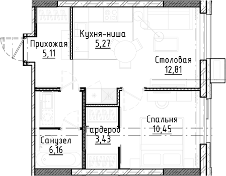 Планировка 2е-к.кв 43.23 м² в ЖК «Город на озере»