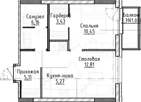 Планировка 2е-к.кв 43.23 м² в ЖК «Город на озере»