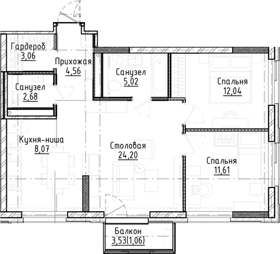 Планировка 3е-к.кв 71.24 м² в ЖК «Город на озере»