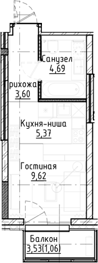 Планировка студии 23.28 м² в ЖК «Город на озере»