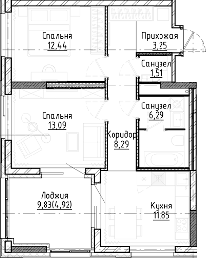Планировка 2-к.кв 56.72 м² в ЖК «Город на озере»