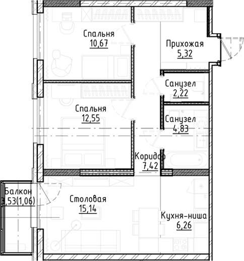 Планировка 3е-к.кв 64.41 м² в ЖК «Город на озере»