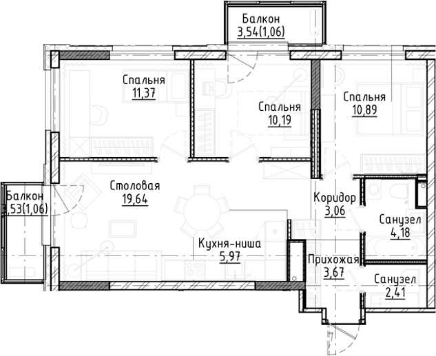 Планировка 4е-к.кв 71.38 м² в ЖК «Город на озере»