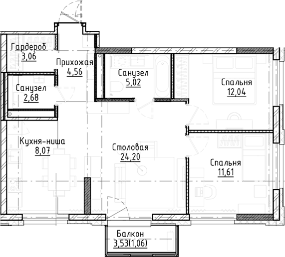 Планировка 3е-к.кв 71.24 м² в ЖК «Город на озере»