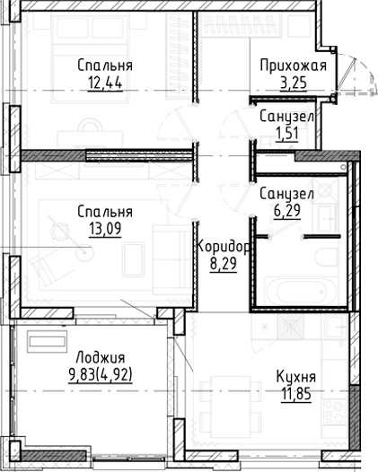 Планировка 2-к.кв 56.72 м² в ЖК «Город на озере»