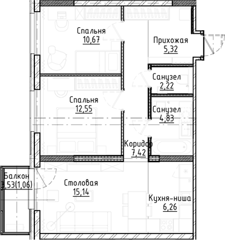 Планировка 3е-к.кв 64.41 м² в ЖК «Город на озере»