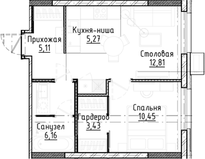 Планировка 2е-к.кв 43.23 м² в ЖК «Город на озере»