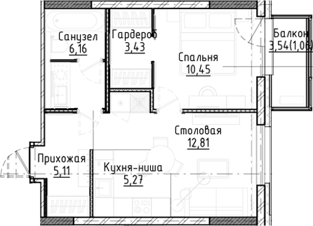 Планировка 2е-к.кв 43.23 м² в ЖК «Город на озере»