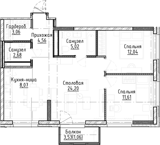 Планировка 3е-к.кв 71.24 м² в ЖК «Город на озере»