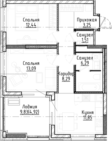 Планировка 2-к.кв 56.72 м² в ЖК «Город на озере»