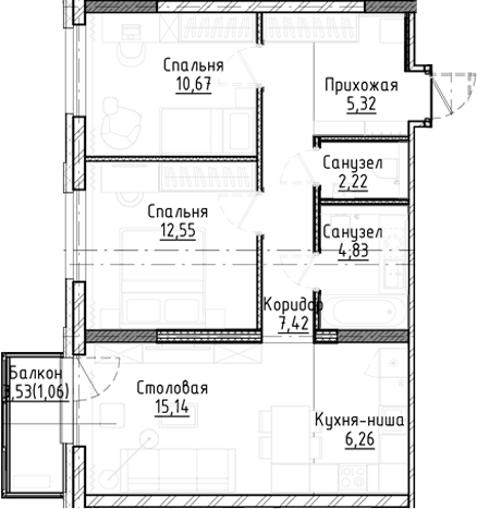 Планировка 3е-к.кв 64.41 м² в ЖК «Город на озере»